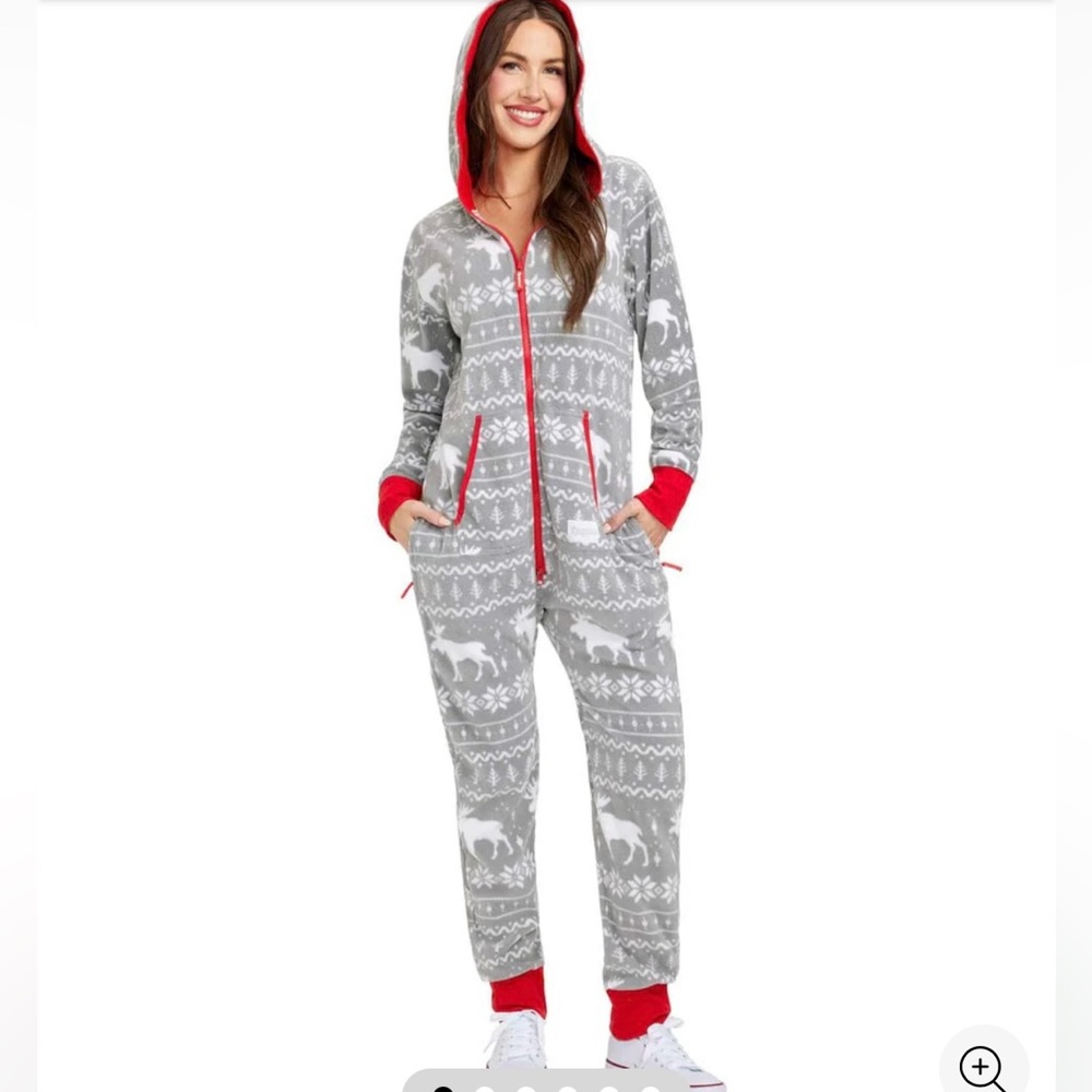 Gray and Red Hooded Onesie with Reindeer Pattern